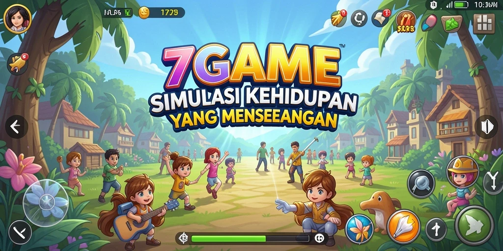 Tangkapan layar utama 7GAME menampilkan interaksi karakter dalam simulasi kehidupan.