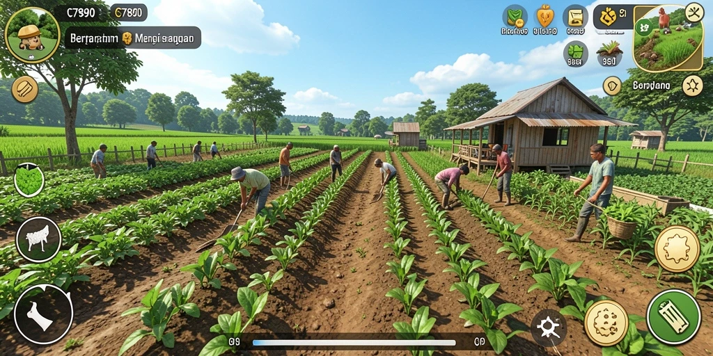 Screenshot gameplay C7890 yang menunjukkan aktivitas bertani dengan hewan dan tanaman.