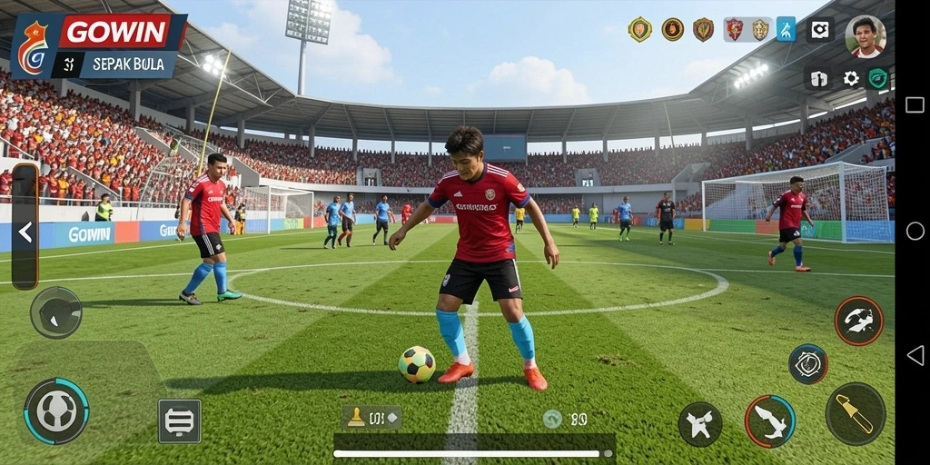 Tampilan gameplay GOWIN dengan aksi sepak bola yang mendebarkan.