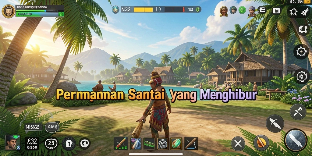 Screenshot gameplay N32 menunjukkan suasana santai dan penuh warna.