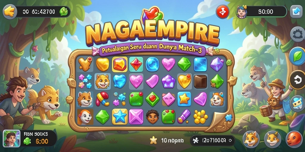 Tampilan dinamis gameplay Match-3 yang penuh warna.