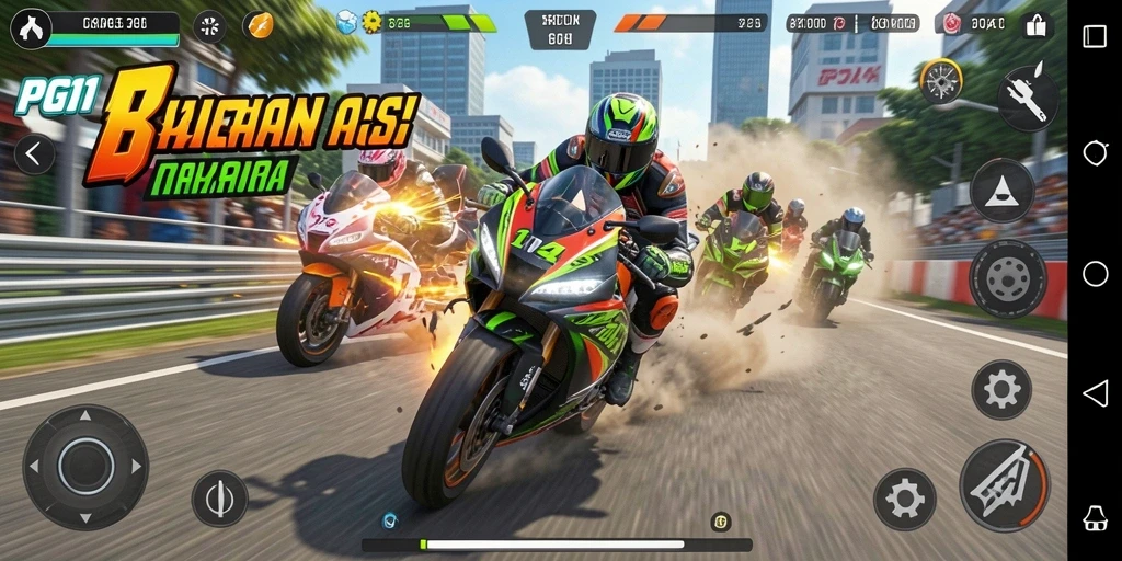 Gameplay PG11 dengan balapan motor yang intens dan mendebarkan.